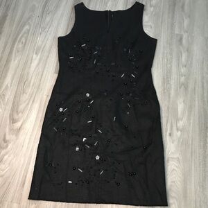 WOMENS DRESS 100% LINEN BLACK BEADED EMBELLISHED SLEEVELESS NYE SHIFT 12